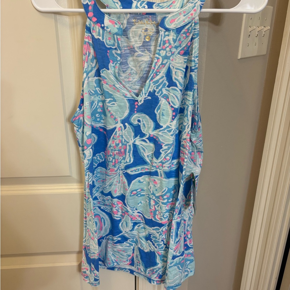Lilly Pulitzer Blue Floral Racerback Tank with Mint and Pink Accents